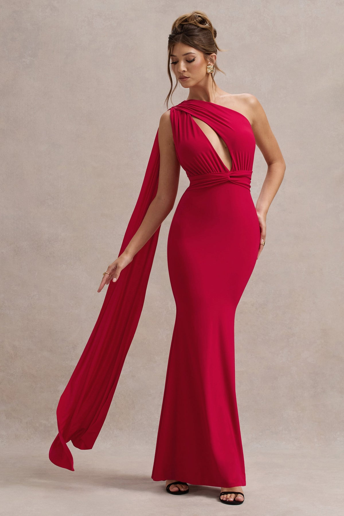 Ealina | Vestido largo rojo asimétrico con nudo y cinturón