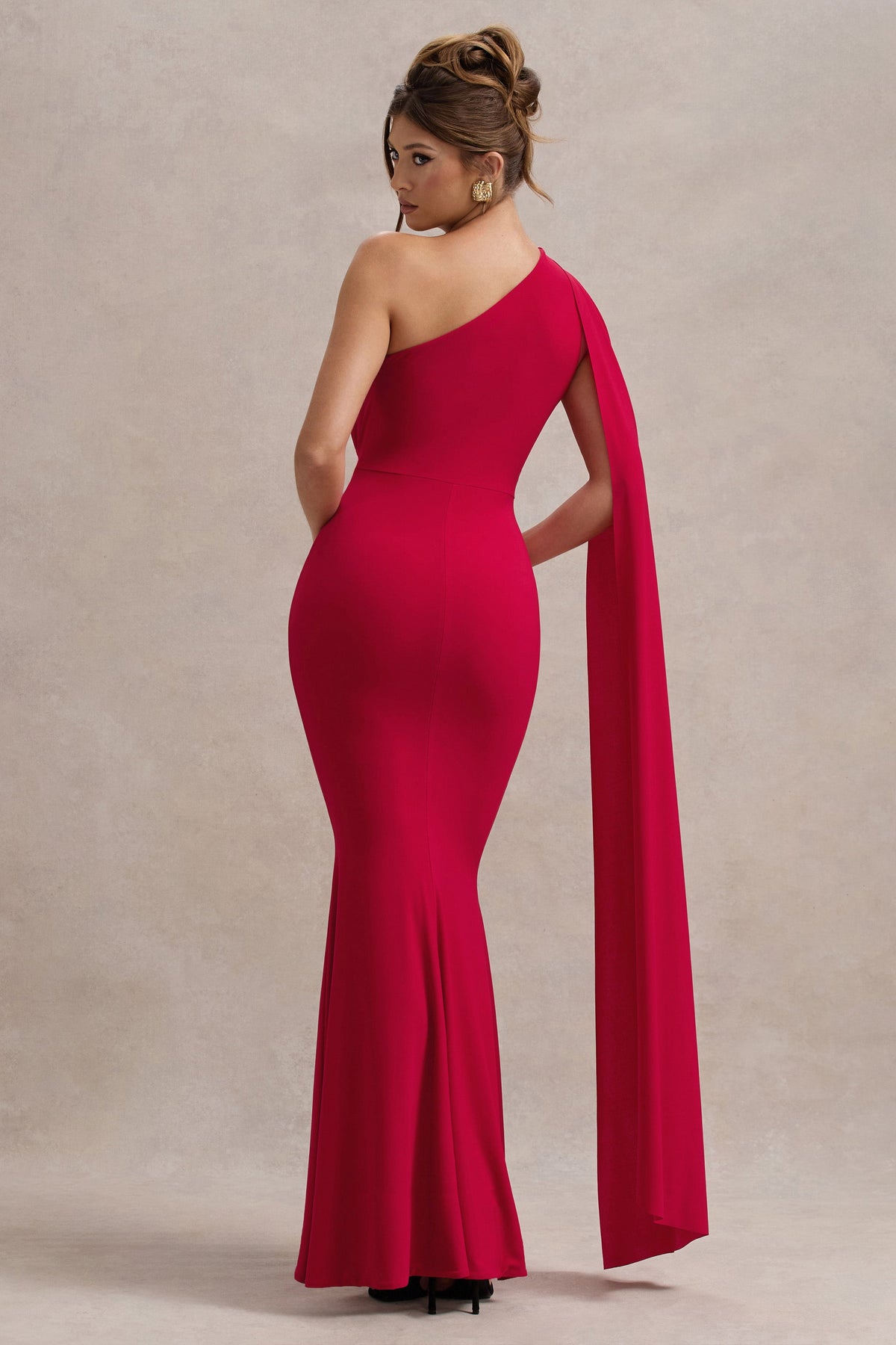 Ealina | Vestido largo rojo asimétrico con nudo y cinturón