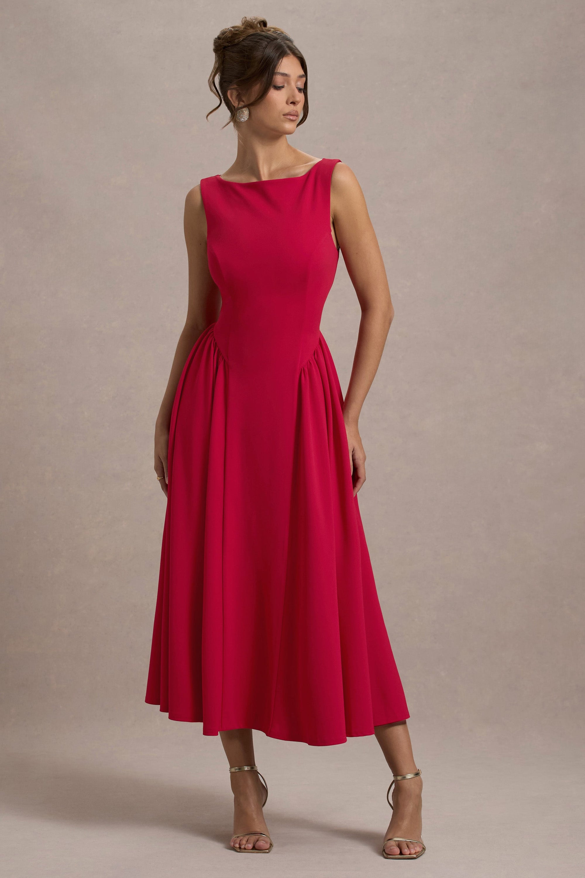 Muriel | Vestido Midi Rojo de Escote Barco con Bajo Voluminoso