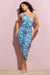 Late Night | Vestido midi asimétrico fruncido y estampado azul
