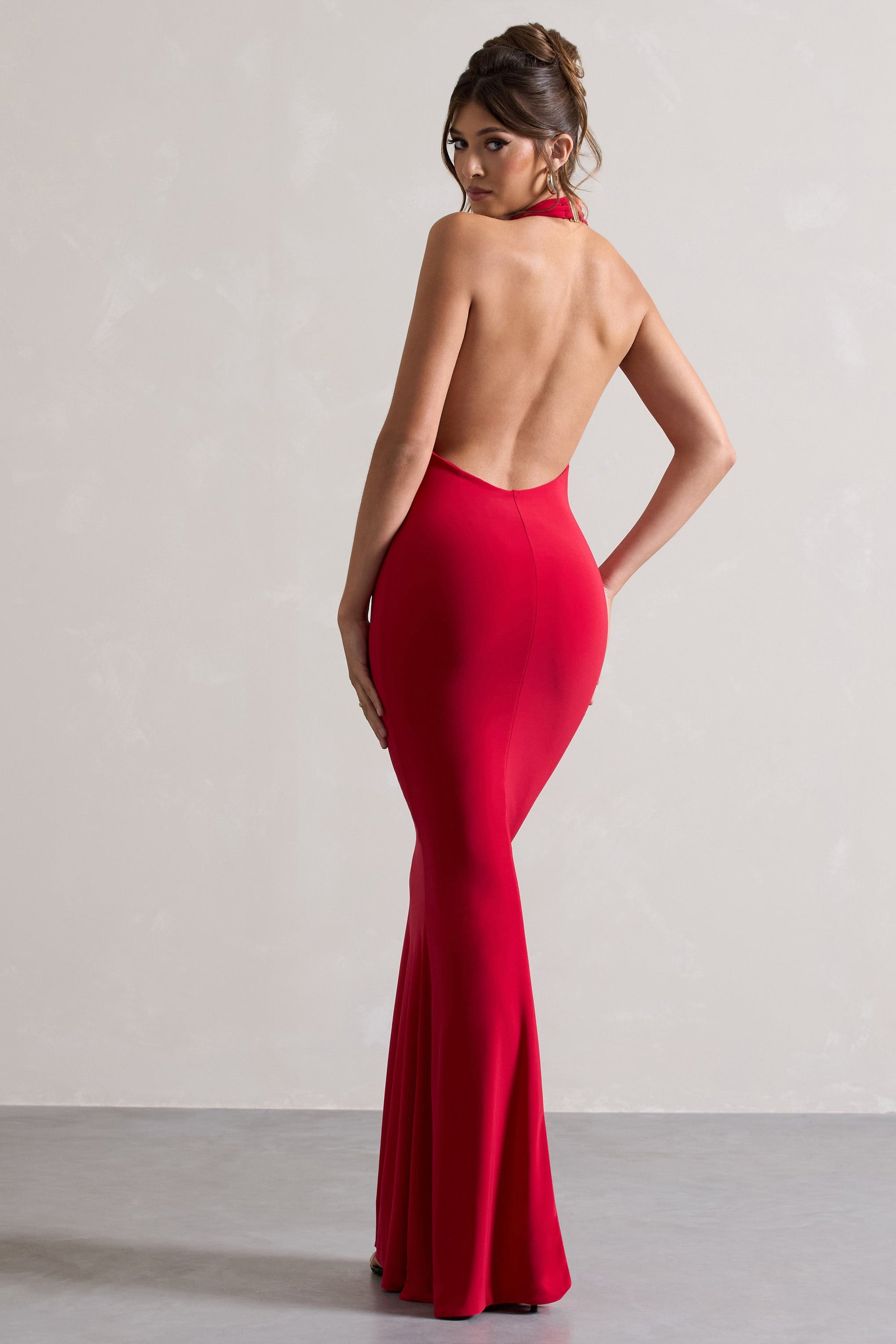 Milani | Vestido largo corte sirena rojo con escote drapeado y espalda descubierta