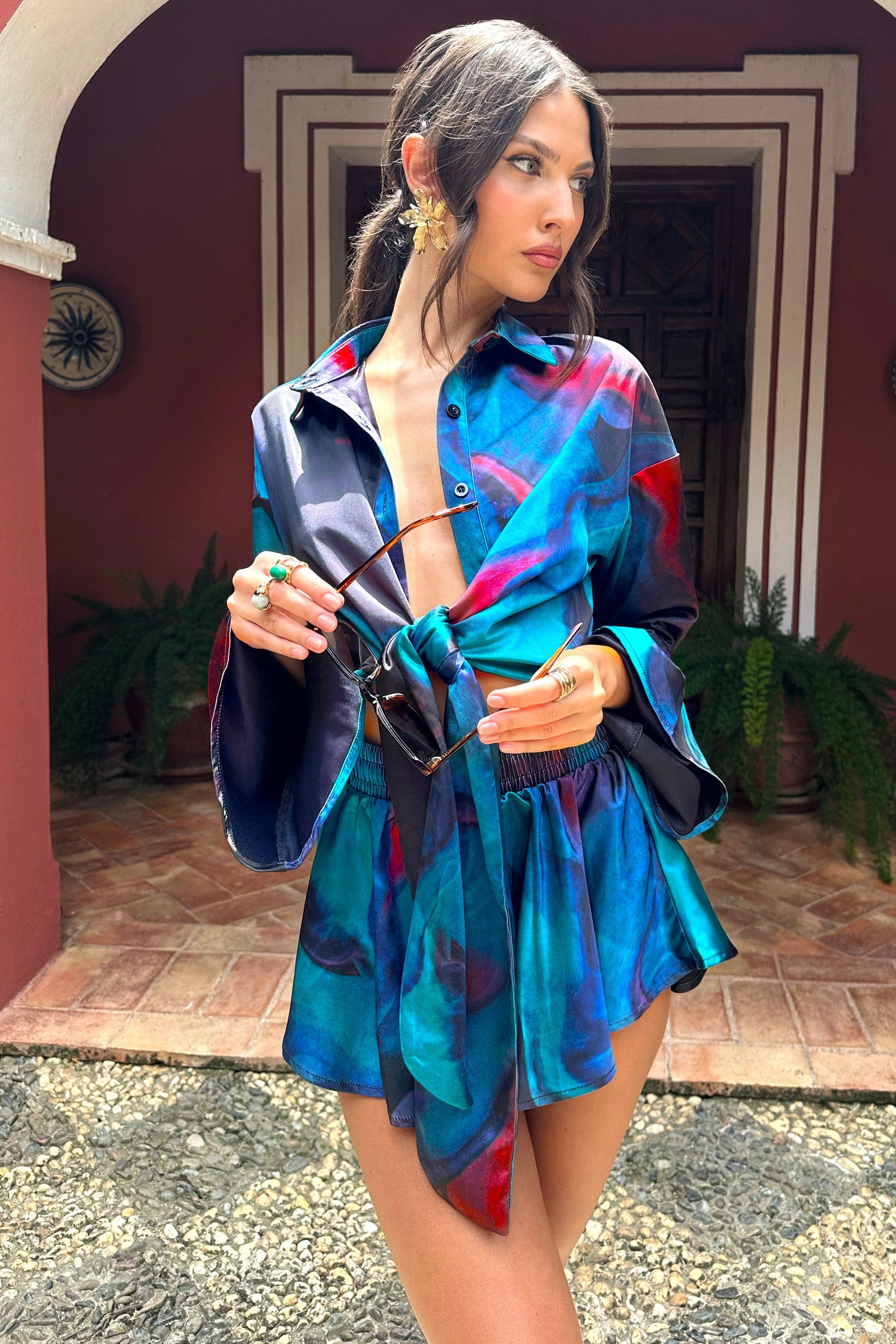 Keep Trying | Pantalones Cortos de Satén con Lazo en la Cintura con estampado Azul