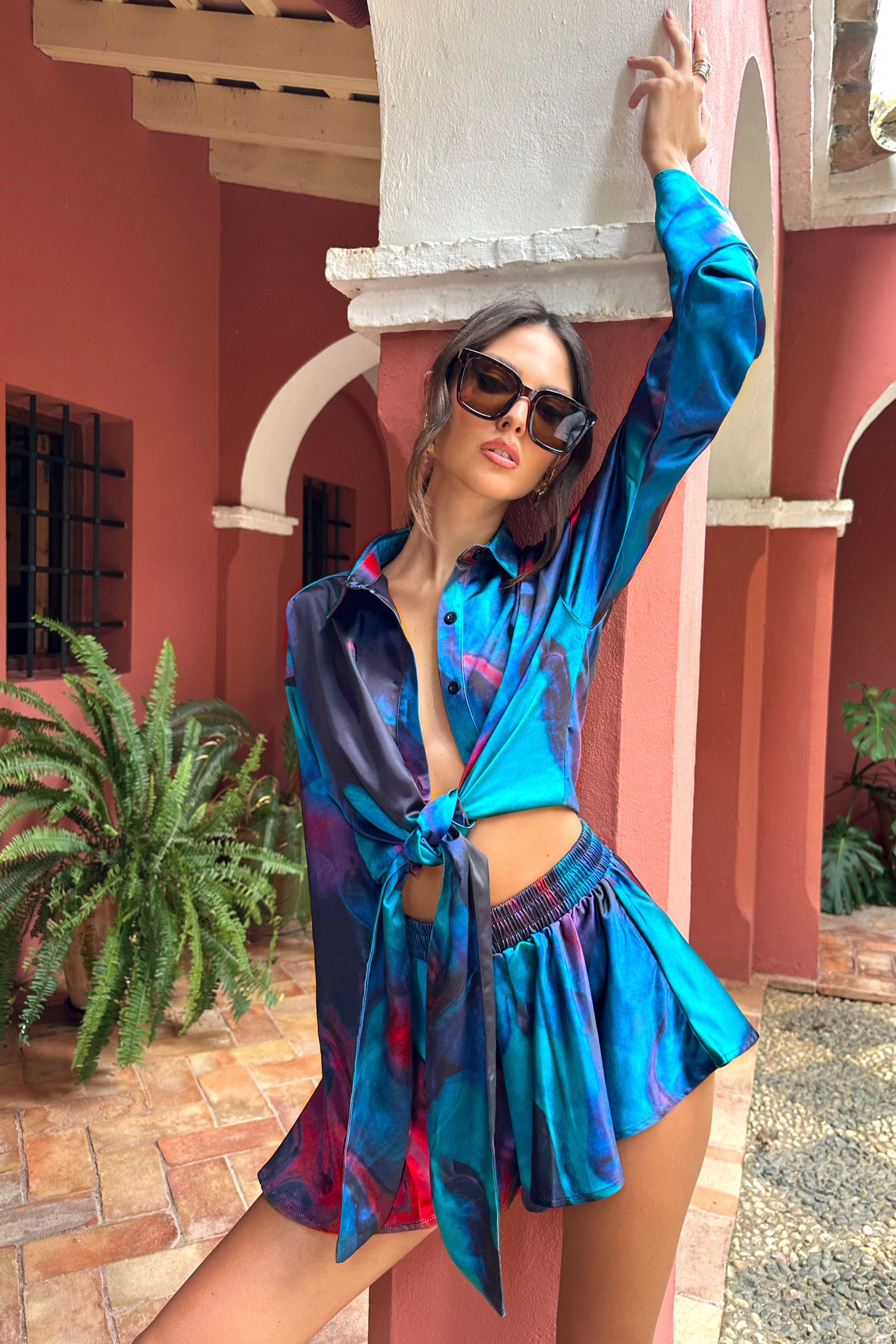 Keep Trying | Pantalones Cortos de Satén con Lazo en la Cintura con estampado Azul