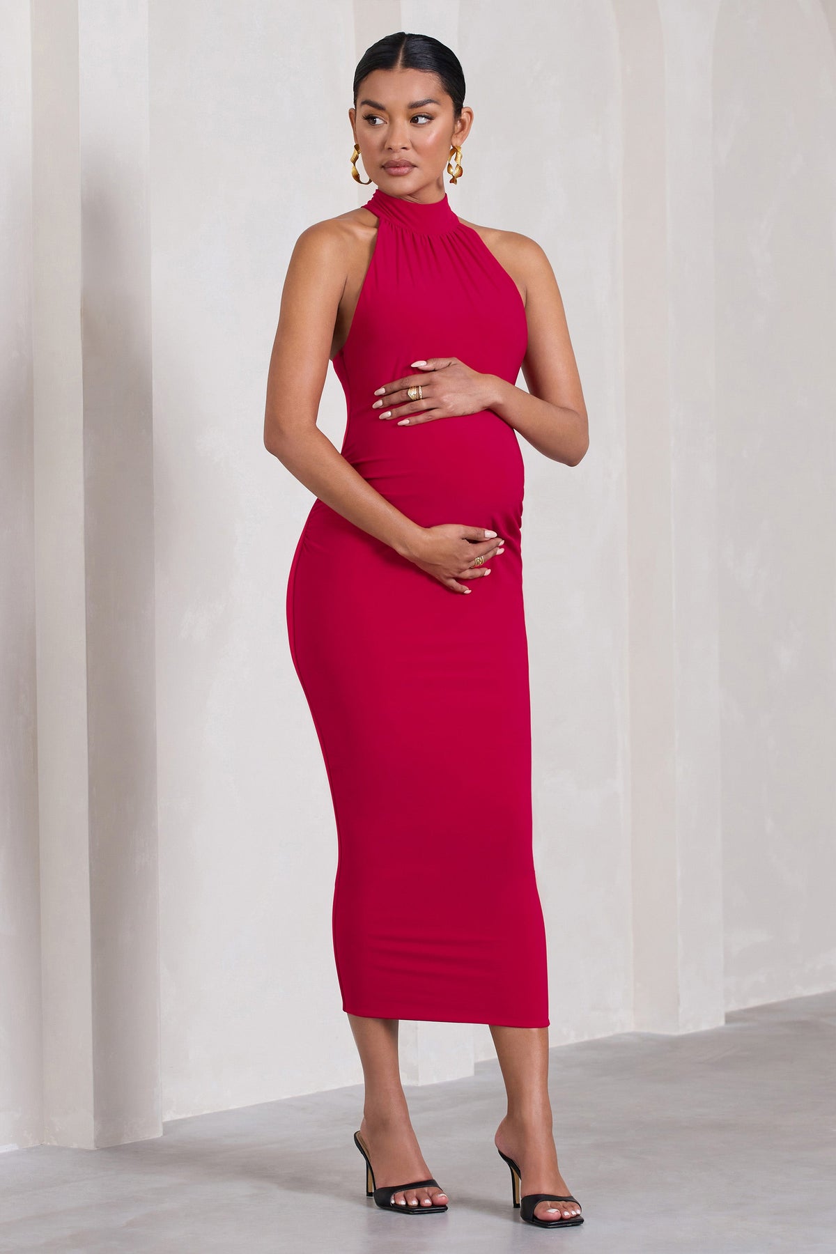 Dora | Vestido Midi de Premamá Rojo con Cuello Halter y Espalda Descubierta