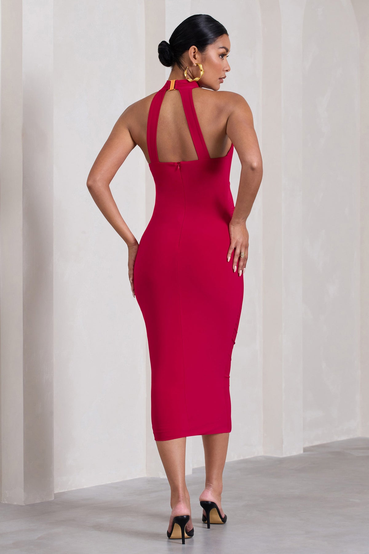 Dora | Vestido Midi de Premamá Rojo con Cuello Halter y Espalda Descubierta