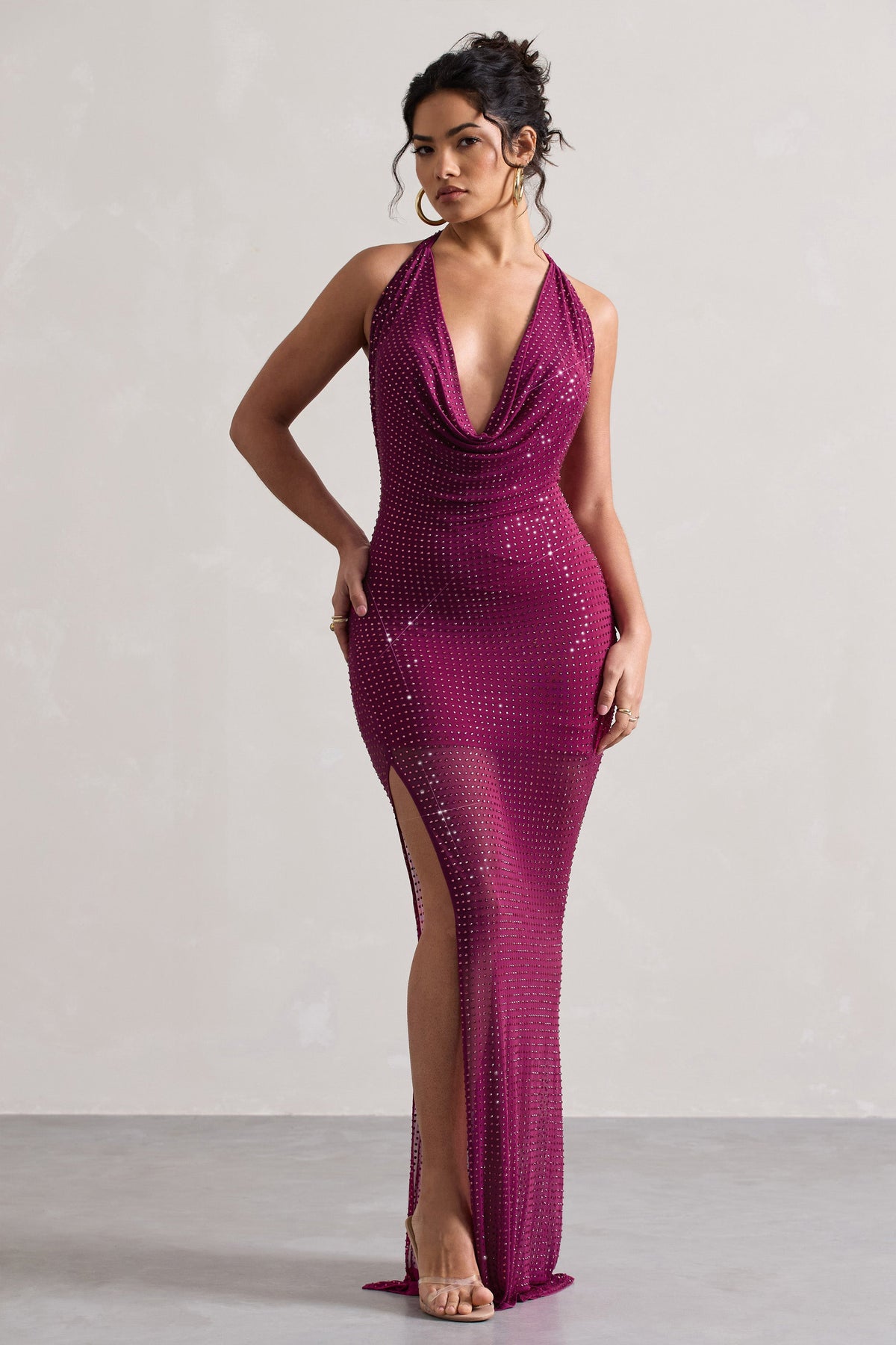 Diaz | Vestido largo de color rosa oscuro con cuello drapeado y abertura