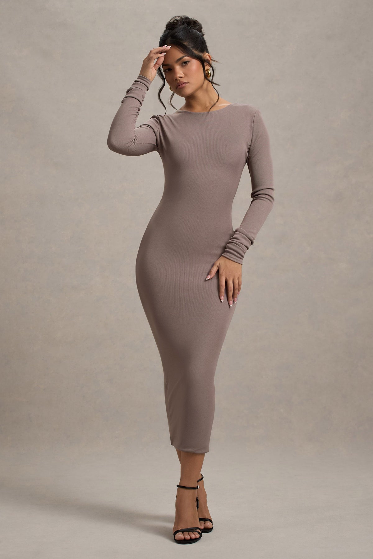 Madden | Vestido midi de punto acanalado color topo con espalda drapeada