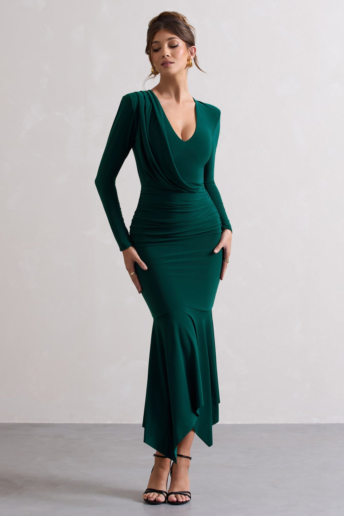 Milena | Vestido Largo Verde Botella con falda Drapeada