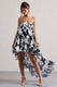 Whistler | Vestido largo asimétrico de gasa floral monocromática con volantes y escote bandeau