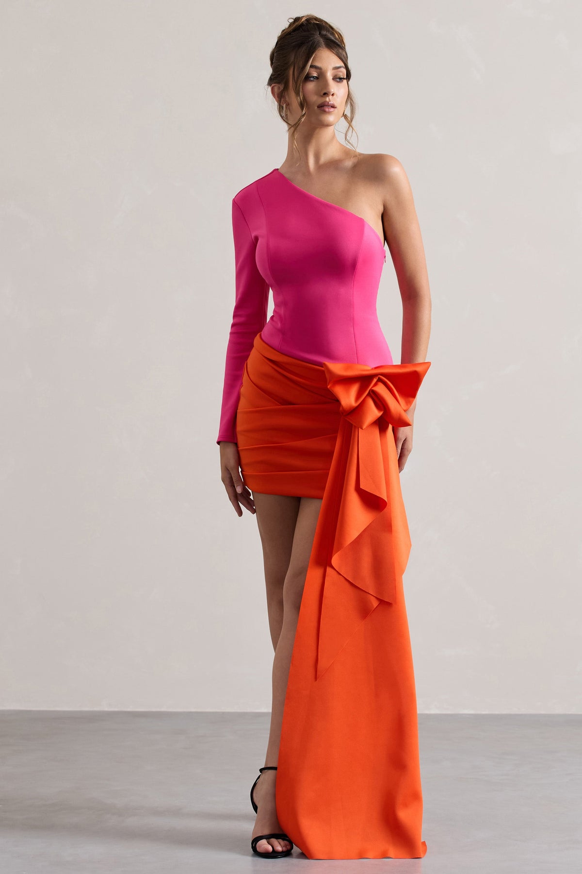 Abstract | Vestido Mini Asimétrico Rosa y Naranja con Drapeado Lateral