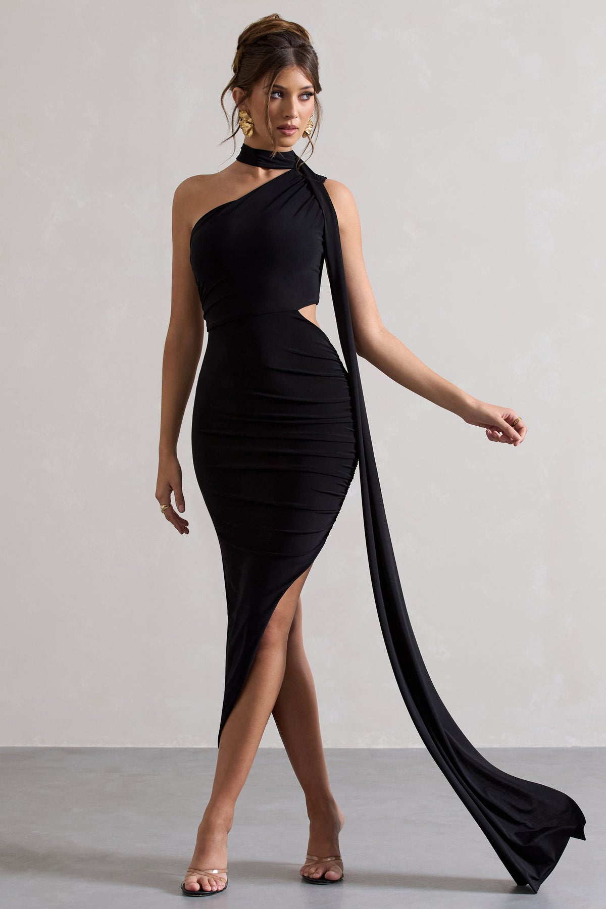Icon | Vestido largo Asimétrico Negro con Aberturas y pañuelo