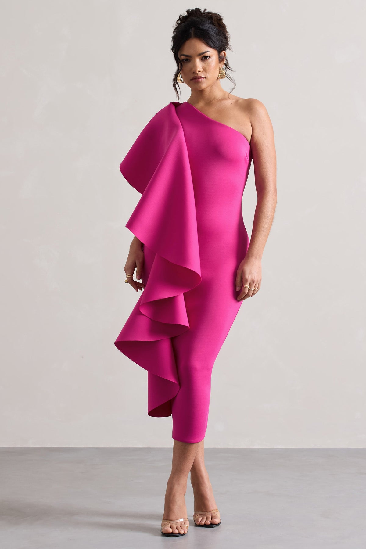 Polo | Vestido Midi Ajustado Asimétrico Rosa Oscuro con Volante