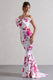 Sakura | Vestido largo de sirena con estampado floral rosa, cuello halter y lazo