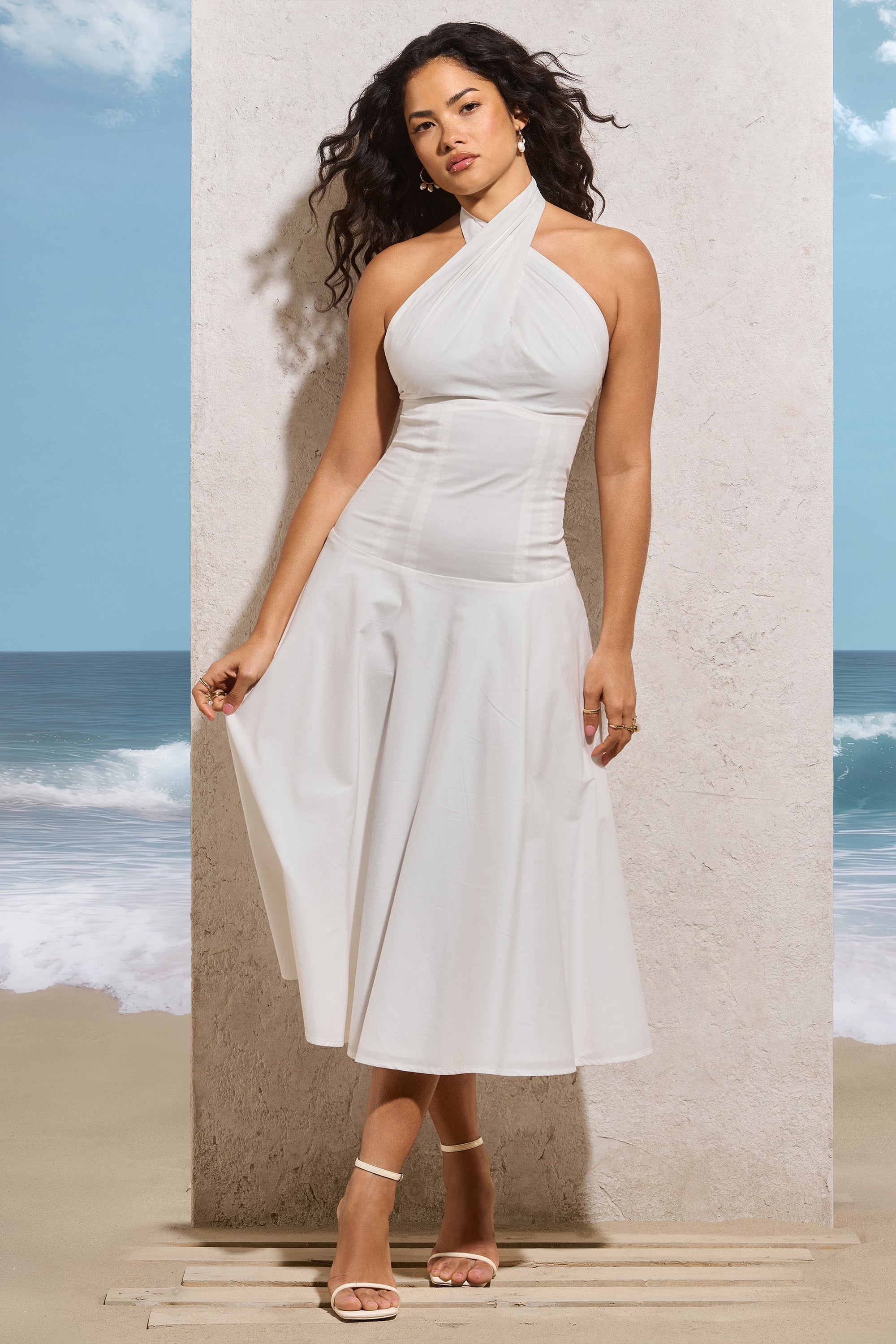Saint-Malo | Vestido Midi Blanco con Cuello Halter