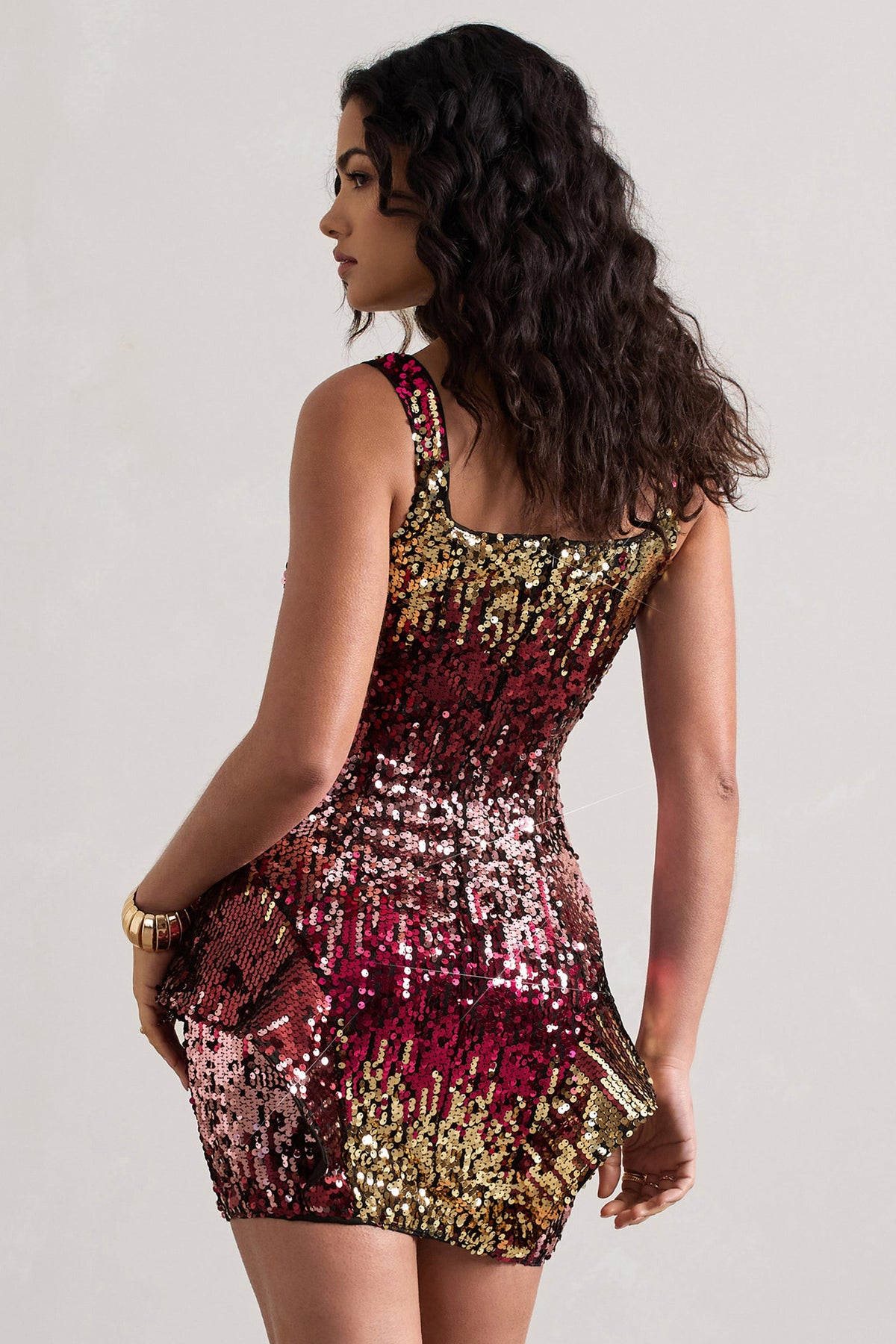 Firework | Vestido mini  escote cuadrado con peplum y lentejuelas rosas y doradas
