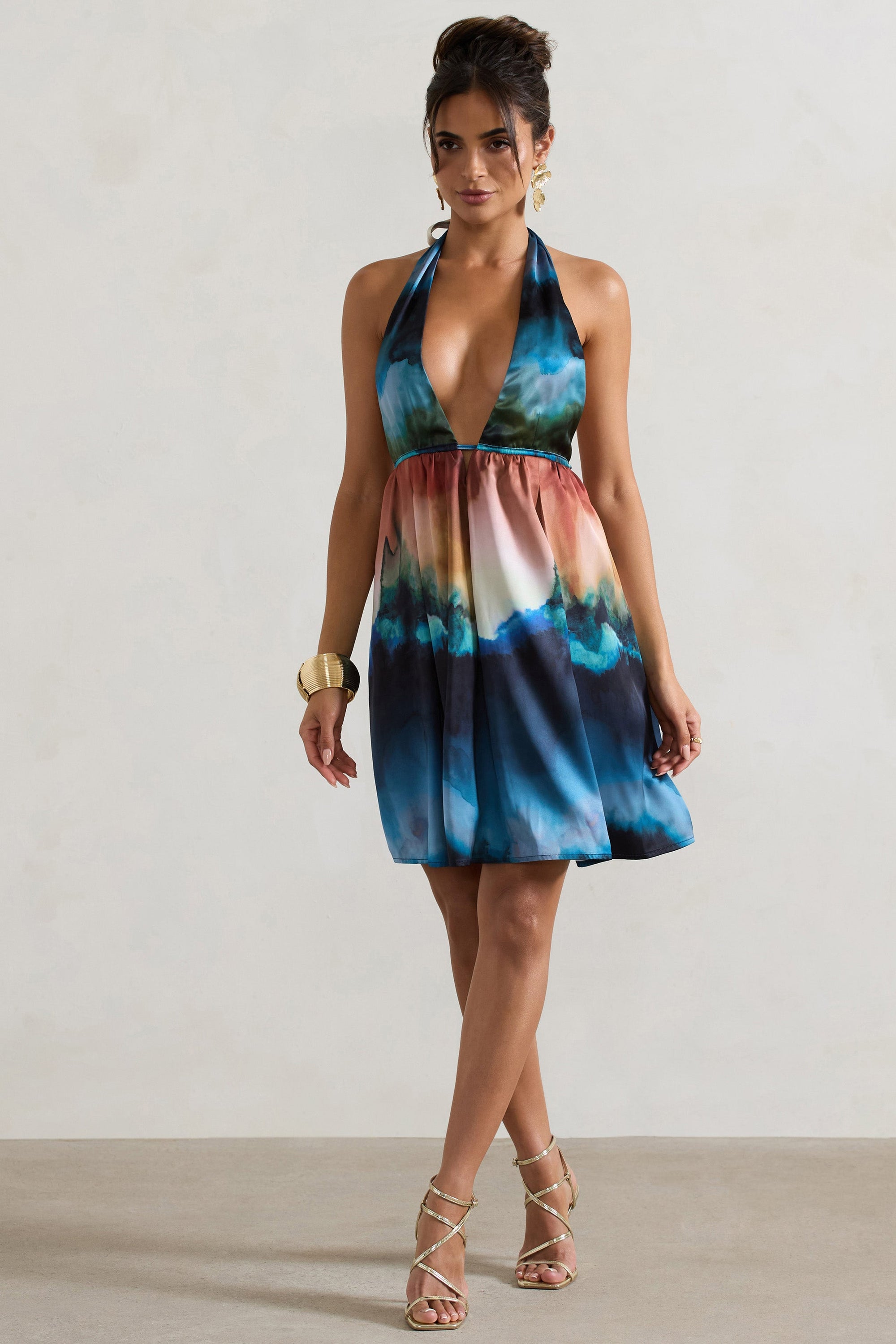 Naxos | Vestido Corto babydoll con escote pronunciado y estampado multicolor difuminado