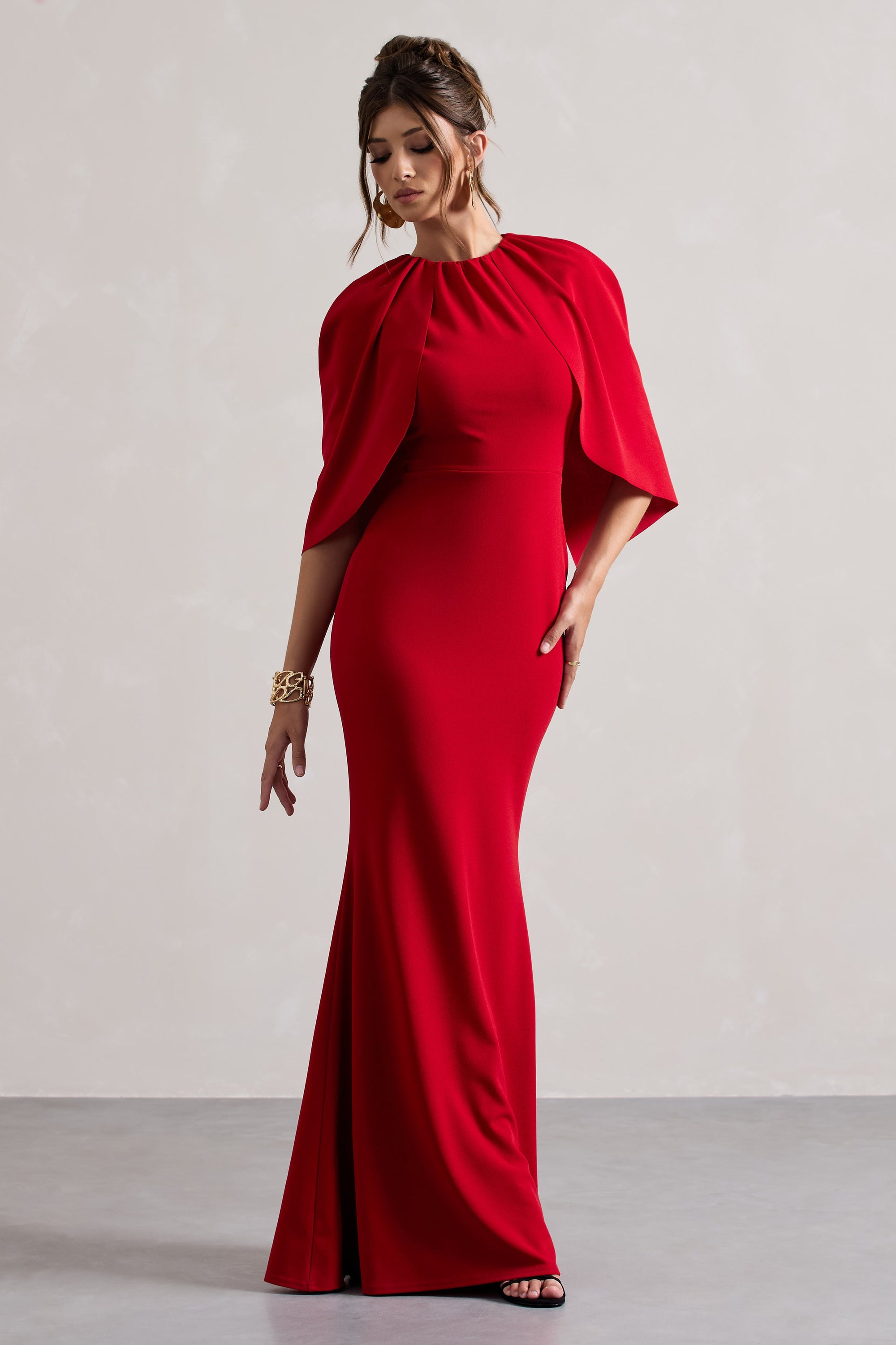 Kianne | Vestido Largo Rojo con Mangas Cortas y Drapeado