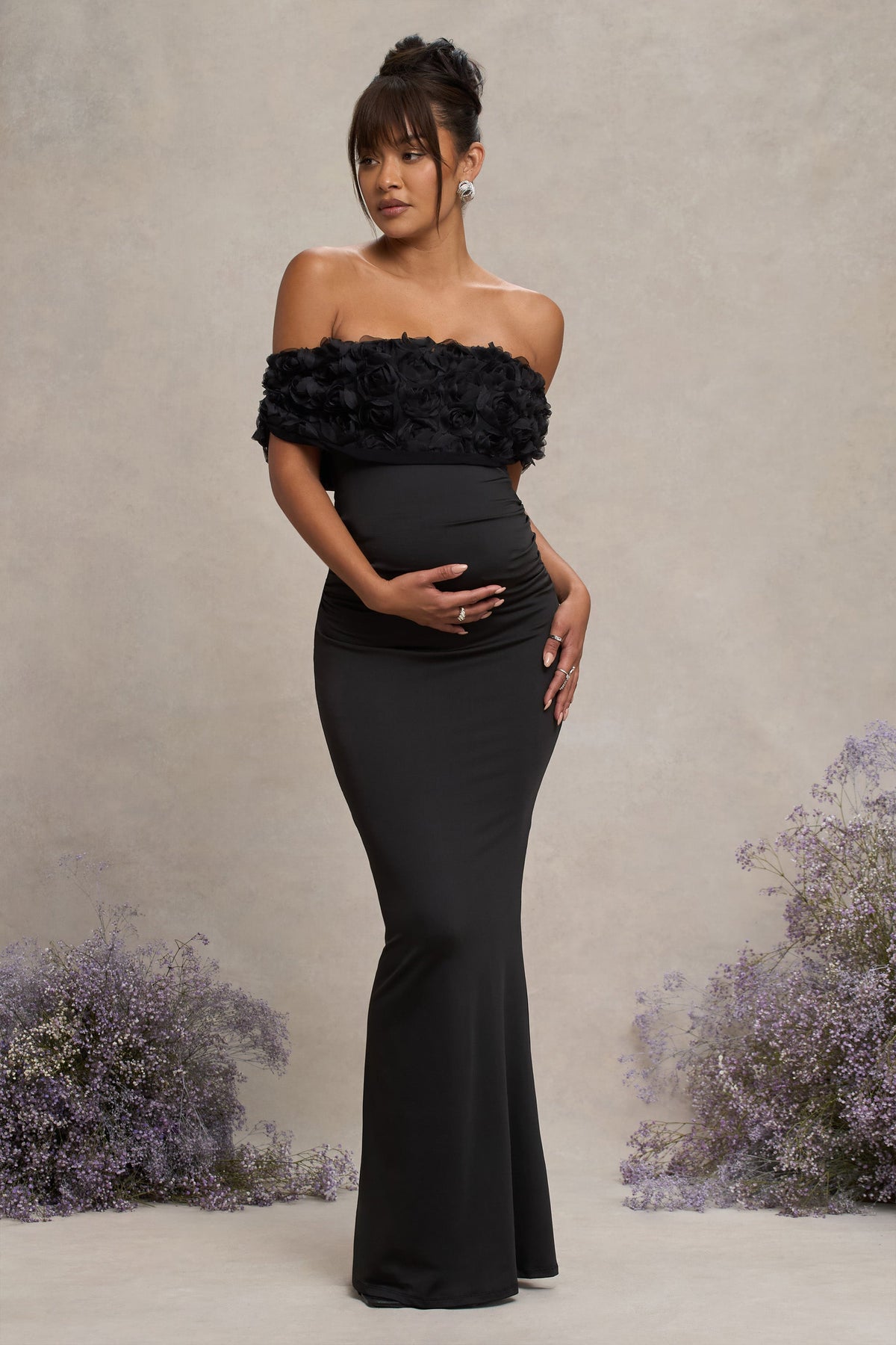 Inflorescence | Vestido largo de premamá con escote Bardot Floral en color Negro