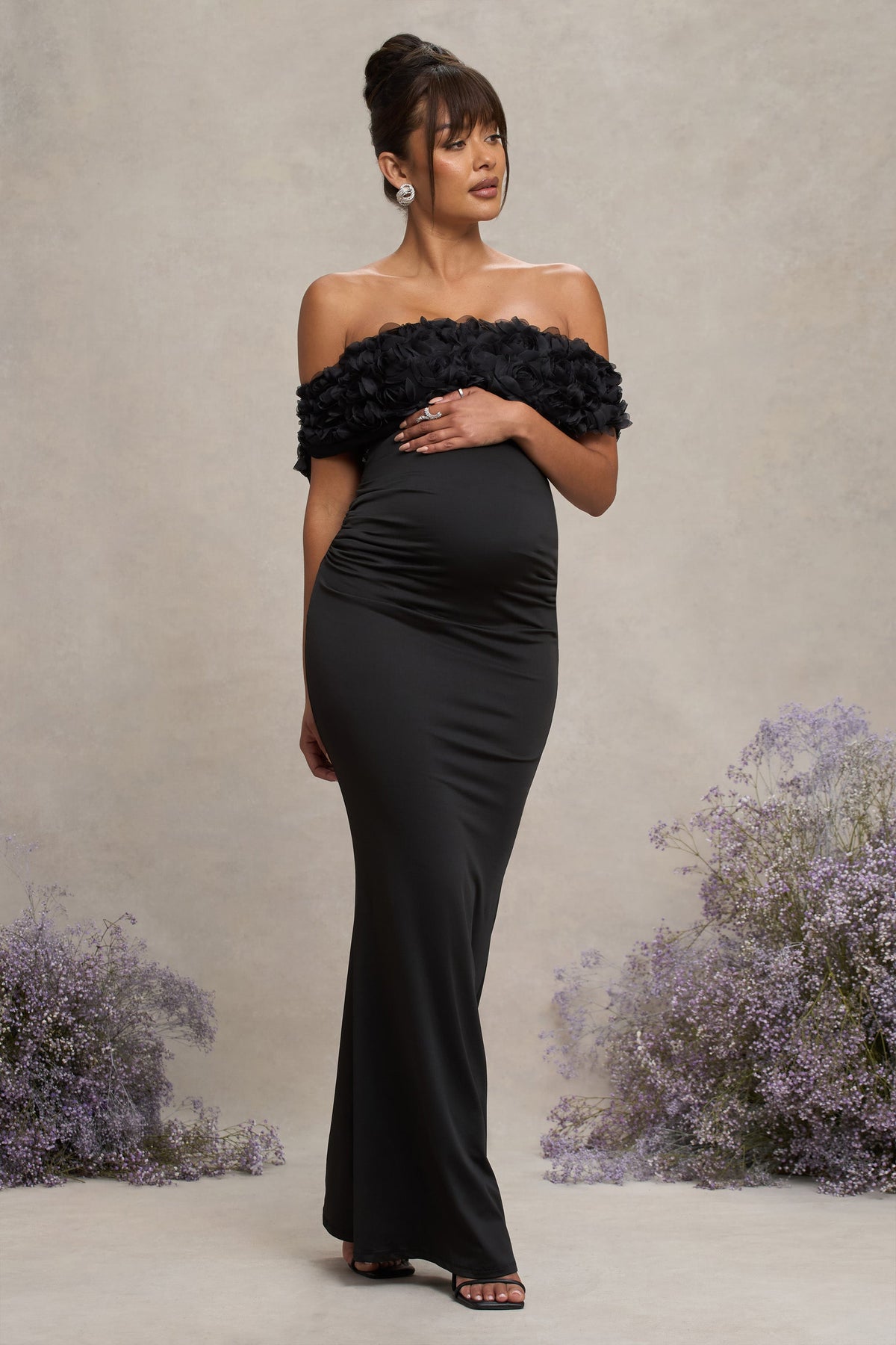 Inflorescence | Vestido largo de premamá con escote Bardot Floral en color Negro