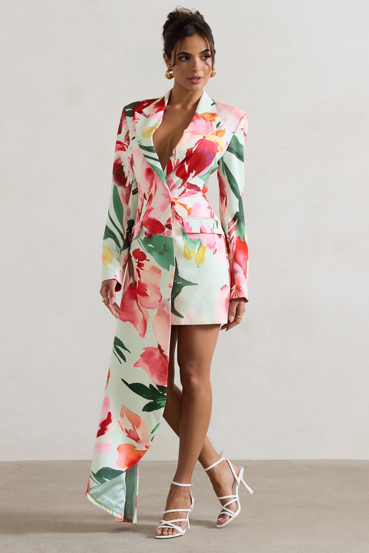 Spiral | Vestido Mini Blazer Entallado con Dobladillo Asimétrico y Estampado Floral en Color Menta