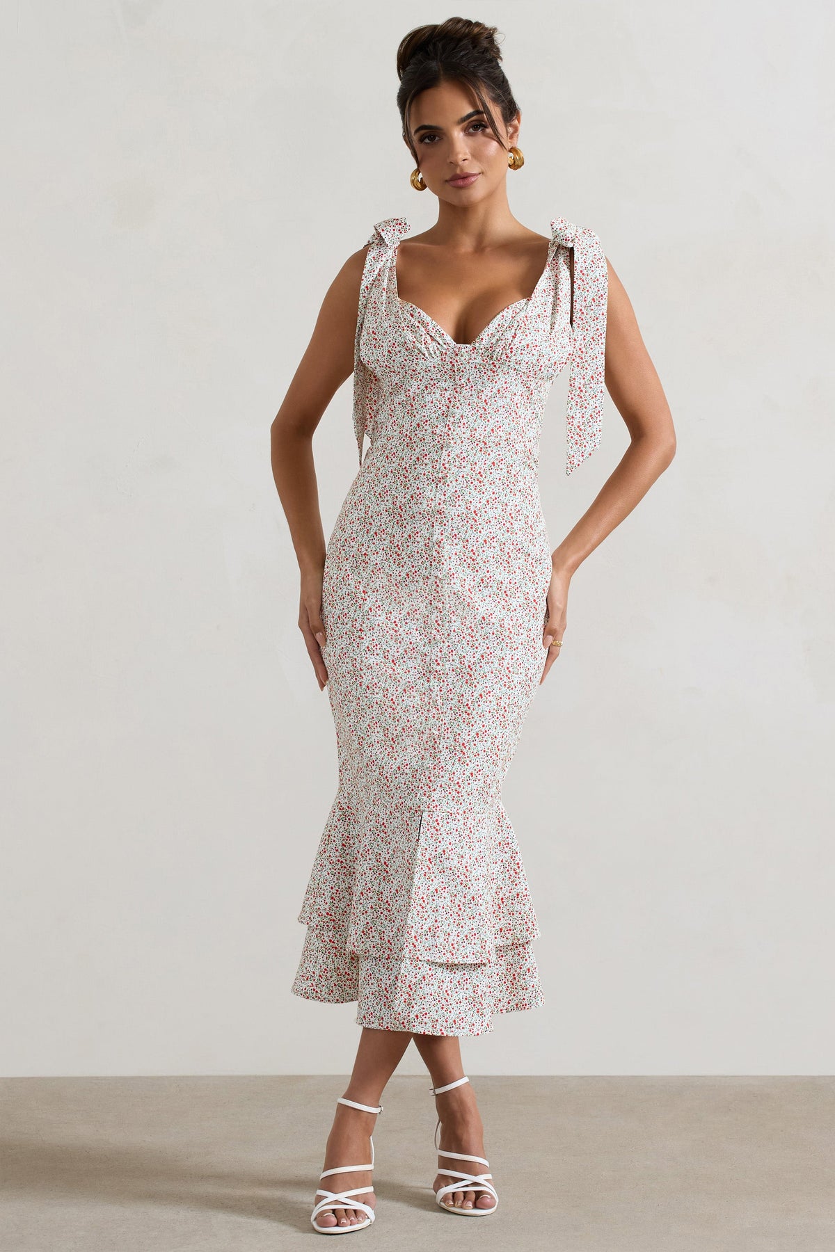 Caserta | Vestido midi con botones falda acampanada y estampado floral rojo y blanco