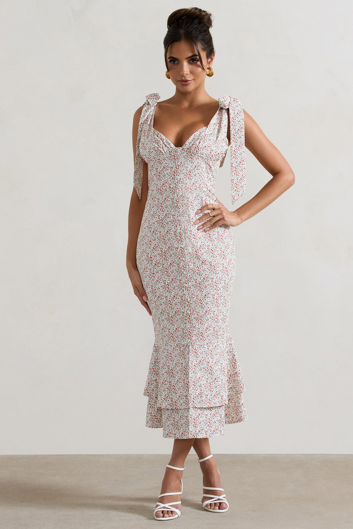 Caserta | Vestido midi con botones falda acampanada y estampado floral rojo y blanco