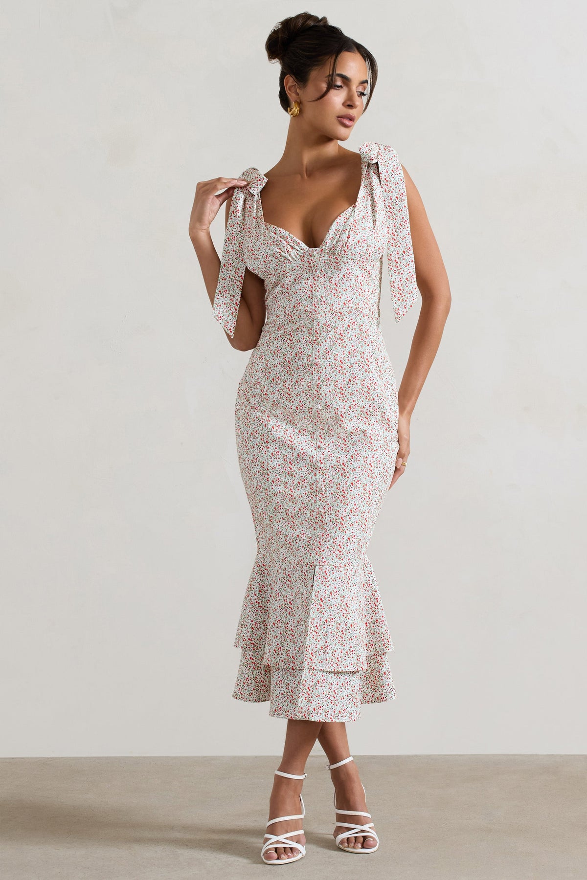 Caserta | Vestido midi con botones falda acampanada y estampado floral rojo y blanco