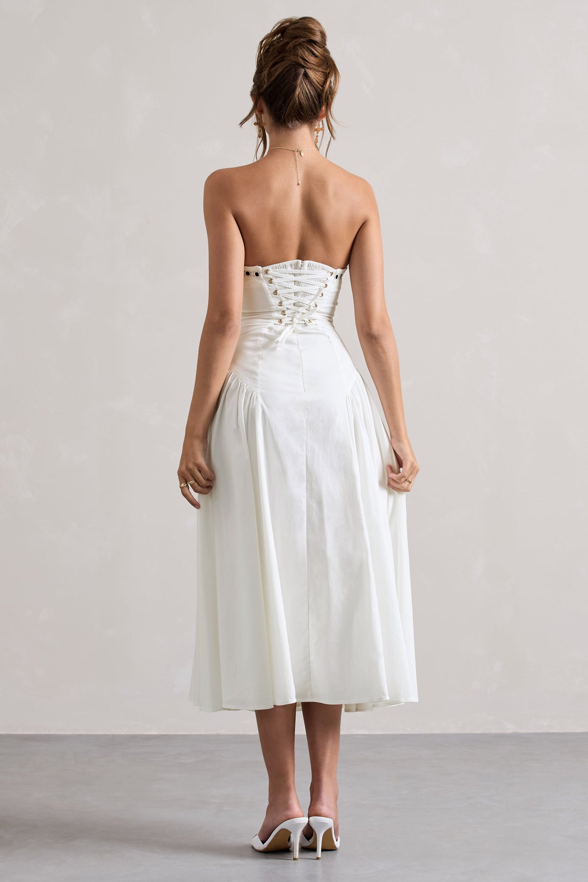 Serrenti | Vestido Midi de Popelina Blanca con Encaje y Falda Voluminosa