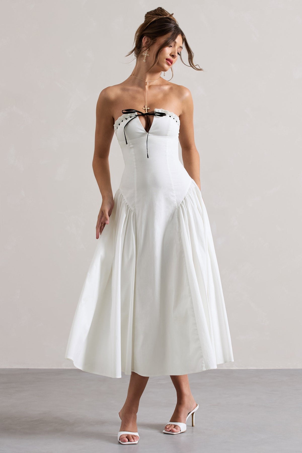 Serrenti | Vestido Midi de Popelina Blanca con Encaje y Falda Voluminosa