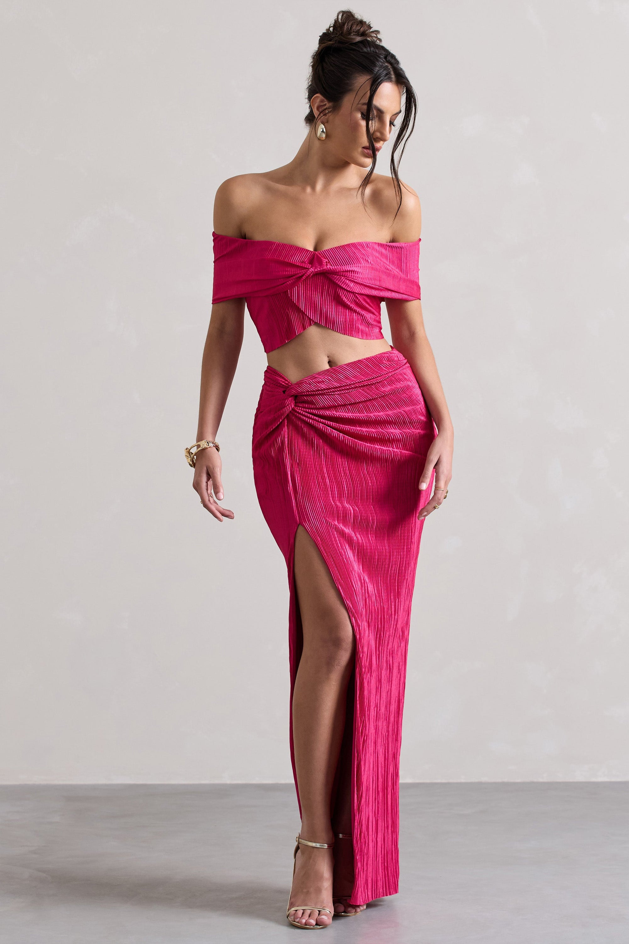 Calida | Falda larga con nudo plisado de color rosa intenso