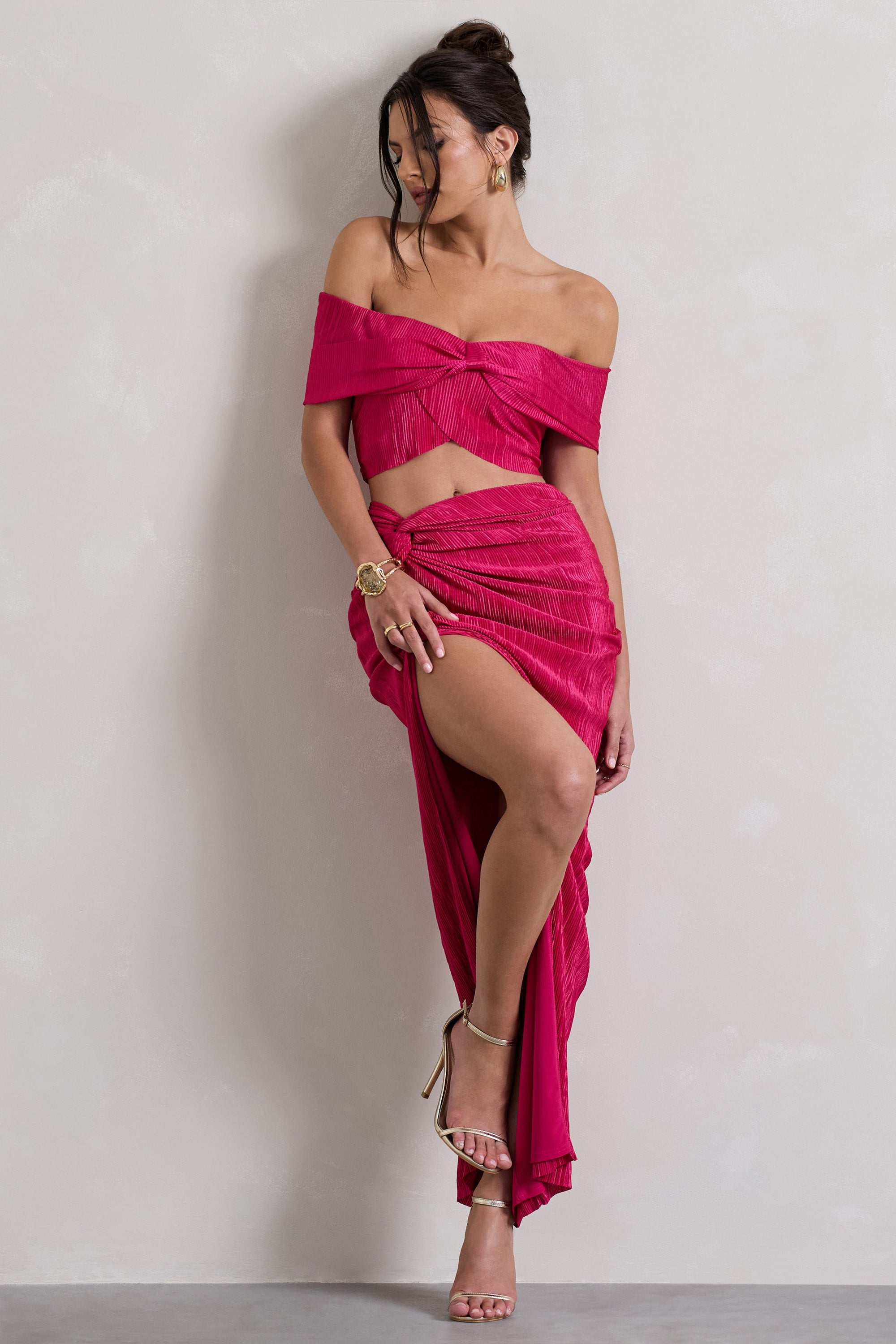 Calida | Falda larga con nudo plisado de color rosa intenso