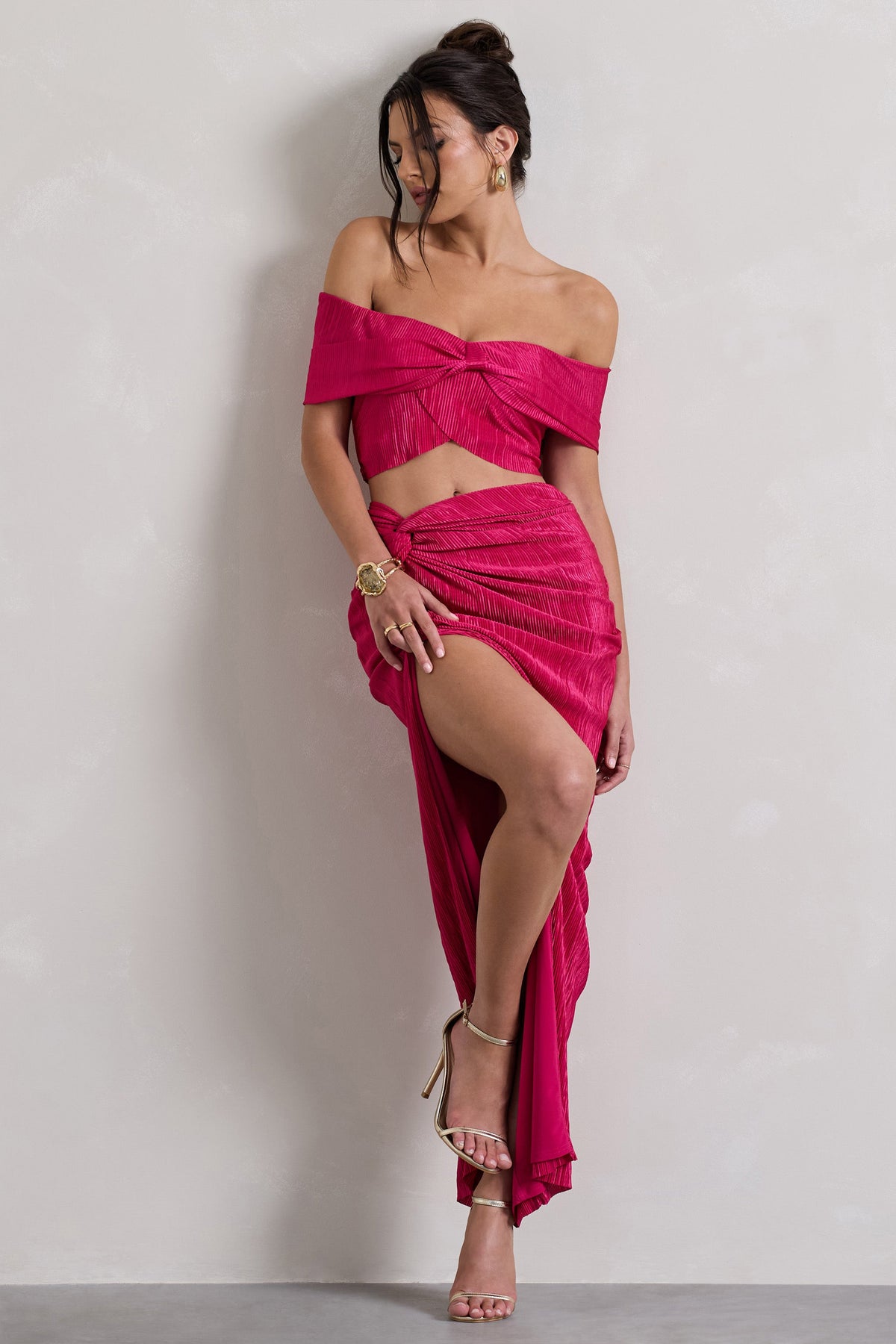 Calida | Falda larga con nudo plisado de color rosa intenso