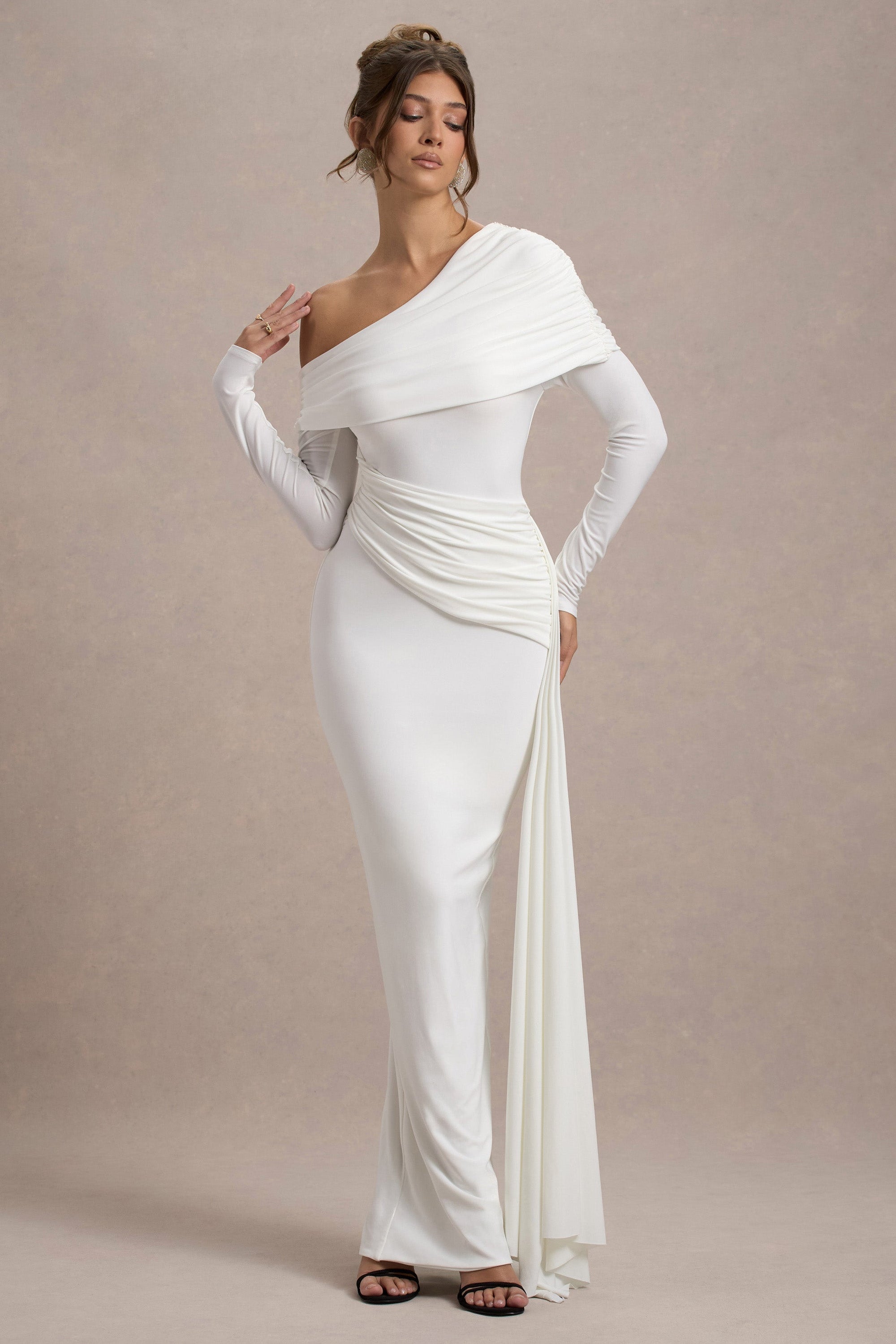 Valina | Vestido largo en Blanco con mangas largas  y Drapeado lateral