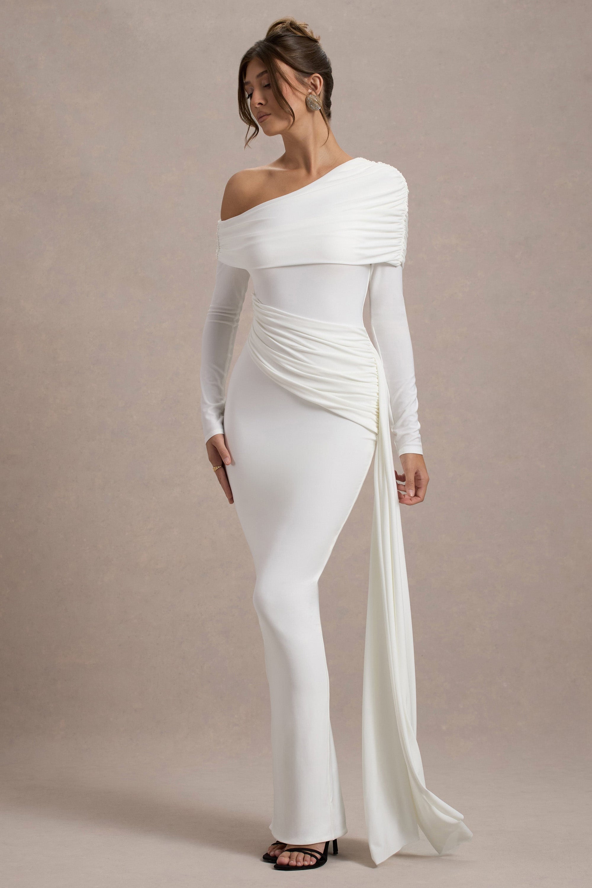 Valina | Vestido largo en Blanco con mangas largas  y Drapeado lateral