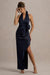 Santorini | Vestido largo azul marino con abertura y escote halter con lazada trasera